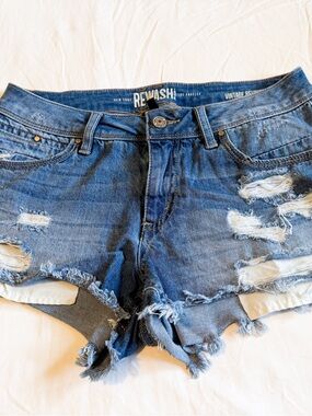 Rewash Frayed Distressed Denim Shorts - Blue